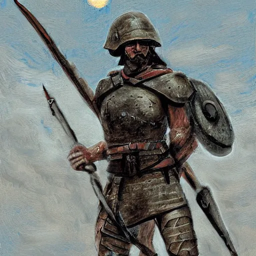 Prompt: Digital art of a tired spartan soldier on the battlefield in the style of an oil painting, acrylic, bleak, moonlight, detailed,