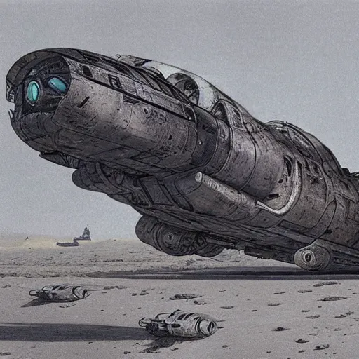 Prompt: dropship wreck in the Gobi desert scifi by John Schoenherr and Jim Burns