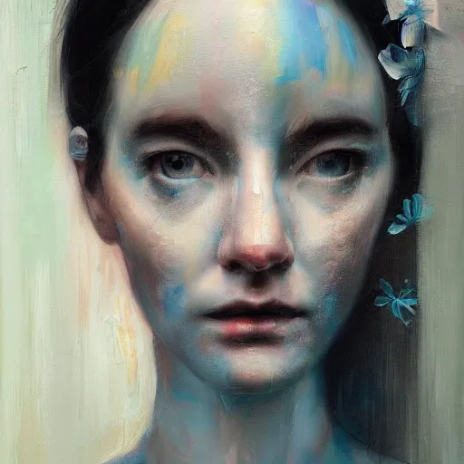 Image similar to ghostly female portrait in detail in oil paint by james jean,