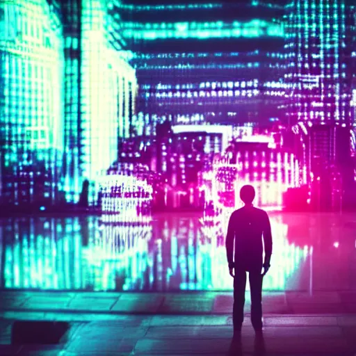 Image similar to one man silhouette standing in front of a cyberperunk city, neon lights, night, very beautiful, trending on deviantart, movie still, bokeh