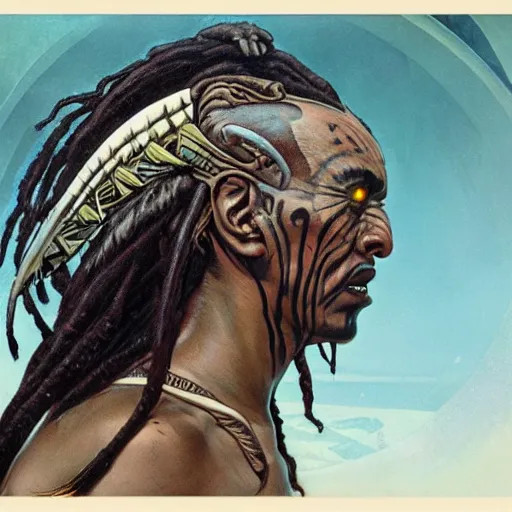 Image similar to Maori Tlingit Klingon with forehead crest and dreadlocks, alien bestiary by Greg Rutkowski, Wayne Barlowe, and Alphonse Mucha