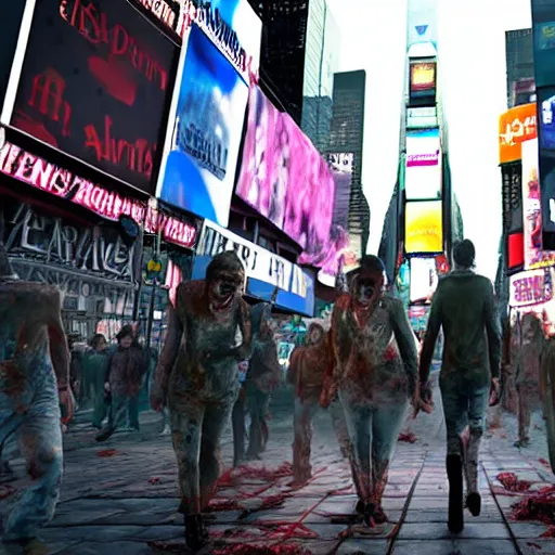 Image similar to Zombies walking in Times Square, realistic artstyle, wide shot, dramatic lighting, octane render, hyperrealistic, high quality, highly detailed, HD, beautiful, cinematic, 8k, unreal engine, facial accuracy, symmetrical