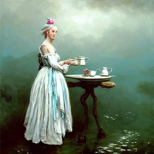 Prompt: a 1 8 th century, silver haired, ( ( mad ) ) ) elf princess look like ( ( young kate winslet ) ), dressed in a ragged, wedding dress, is drinking a cup of tea. everything is underwater, floating. greenish blue, theatrical, oil canvas by jakub rozalski, artgerm