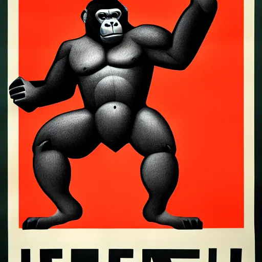 Image similar to communist propaganda poster of a gorilla, 4 k, hyper realistic, dslr, high resolution, landscape, beautiful