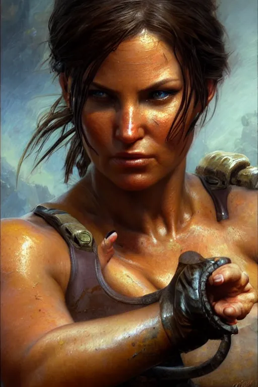 Image similar to muscular sweat lara croft, exhausted face close up, highly detailed painting by gaston bussiere, craig mullins, j. c. leyendecker 8 k