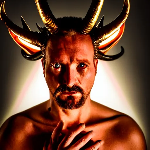 Image similar to photorealistic, iso - 4 0 0, canon eos 5 d mark iv, shot on 7 0 mm, portrait of male archangel bellringer form lexx by lee jeffries and platon silveed skin, flame halo ring over head, demonic, horns, fangs, nd 4, perfect studio lighting