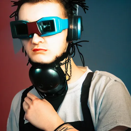 Image similar to kodak portra 4 0 0 photograph of a cybergoth guy wearing goggles and eclectic jewelry, moody lighting, telephoto, 9 0 s vibe, blurred background