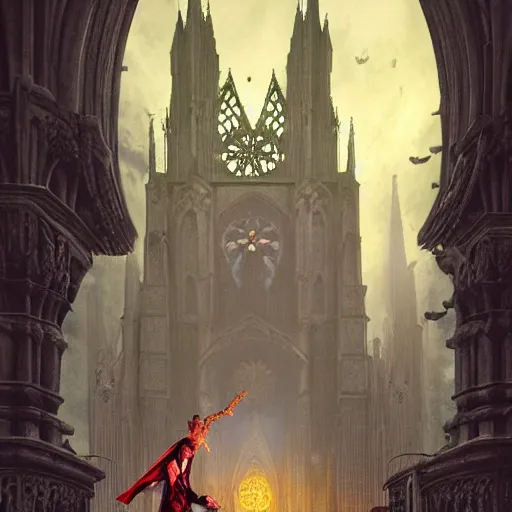 Prompt: Hyperrealistic Count Dracula playing a Gibson electric guitar in front of a gothic cathedral, by Antonio Caparo, Ferdinand Knab, Greg Rutkowski, Amano, and Karol Bak UHD, vivid colors, photorealistic trending on artstation