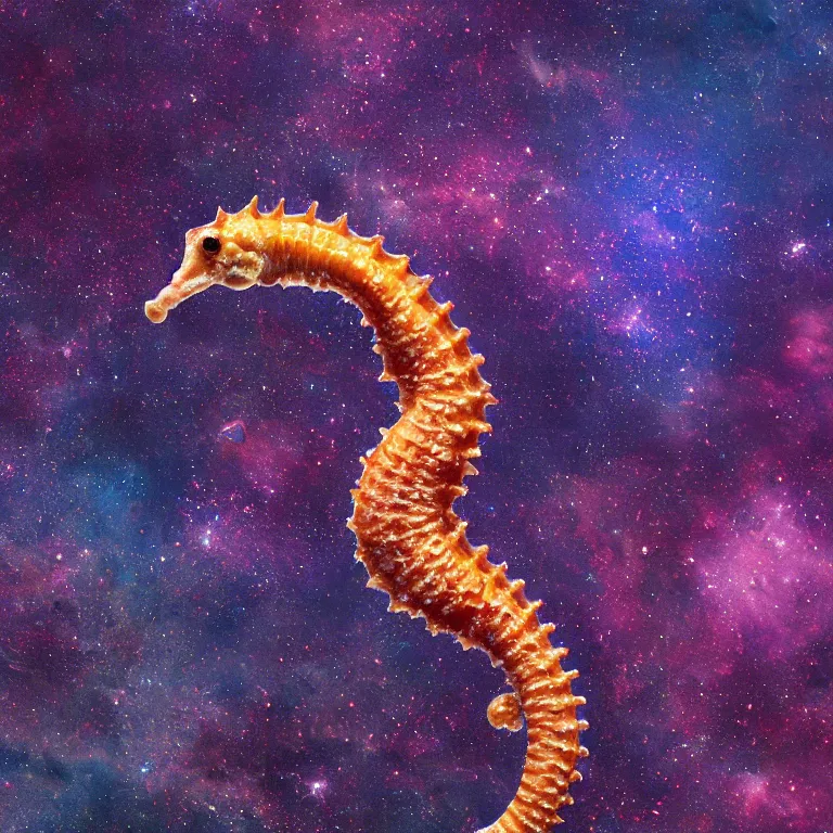 Prompt: extremely detailed telescope photograph of a tiny short seahorse. anatomically perfect. positioned in the center of the frame. focus on the seahorse's head. full seahorse visible in frame. intricate details. space nebulas blurred in the background. full colour. trending on artstation, glissening texture, 8 k octane render