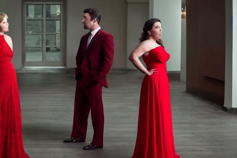 Image similar to full body film still of a man longingly looking at a woman wearing a red dress in the foreground as his wife looks disgustedly at the man in the new romance comedy movie, dramatic angle, dramatic lighting