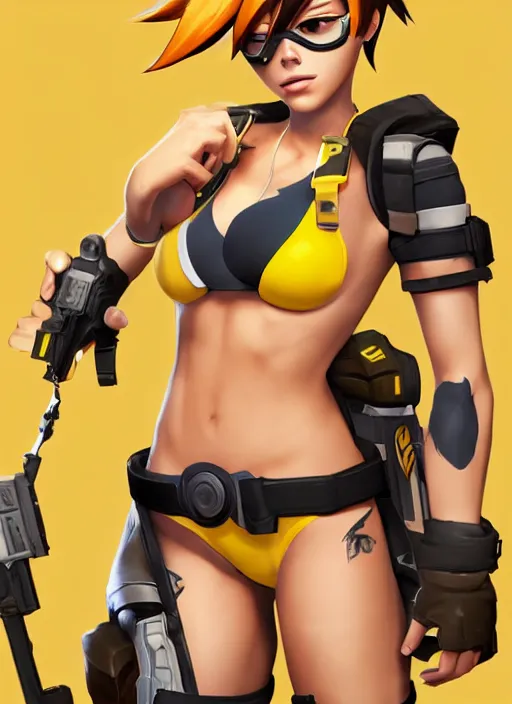 Image similar to tracer game character, in yellow bikini, blonde hair, black eyes, full height