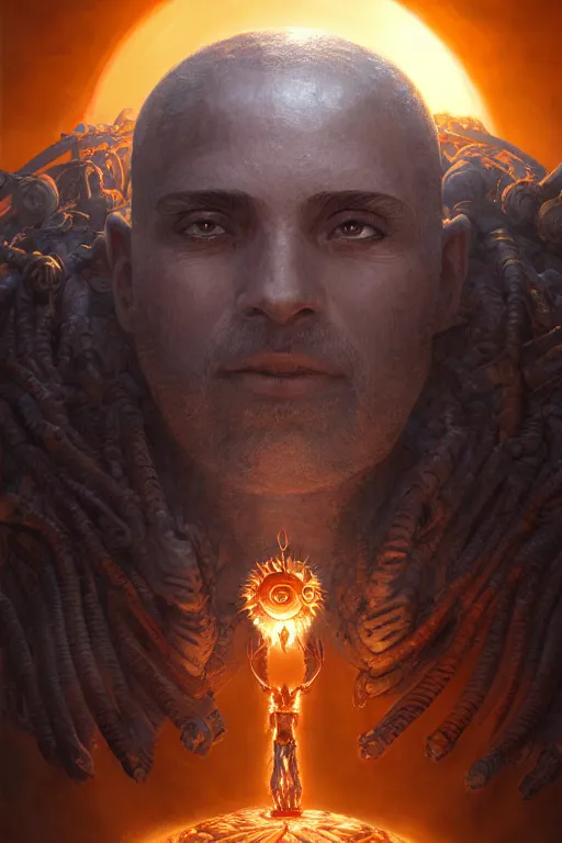 Image similar to humanoid god of the sun, highly detailed, d & d, fantasy, hyper detailed, digital painting, trending on artstation, apollo, concept art, sharp focus, illustration, art by artgerm and magali villeneuve and greg rutkowski and michael whelan, cryengine, 8 k realistic atmospheric lighting, frostbite 3 engine