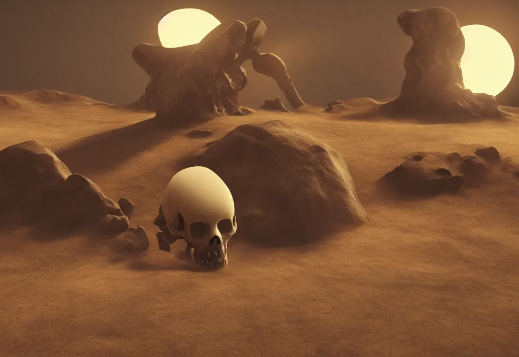 Image similar to strange alien skull in a dessert in the moon, cinematic lighting, octane tender, volumetric light, dark - art