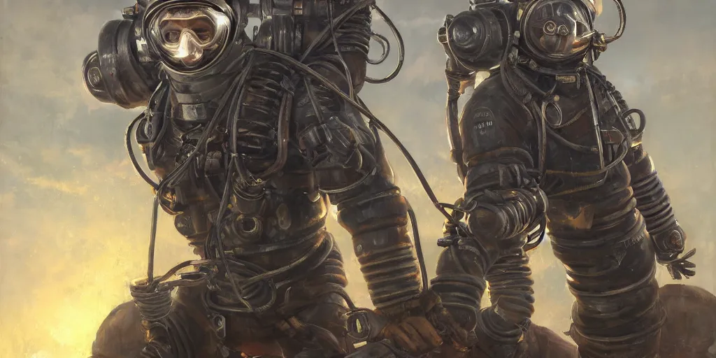 Prompt: highly detailed portrait painting of welder stallone in atmospheric diving suit, by eddie mendoza and tyler edlin, windows, 8 k resolution