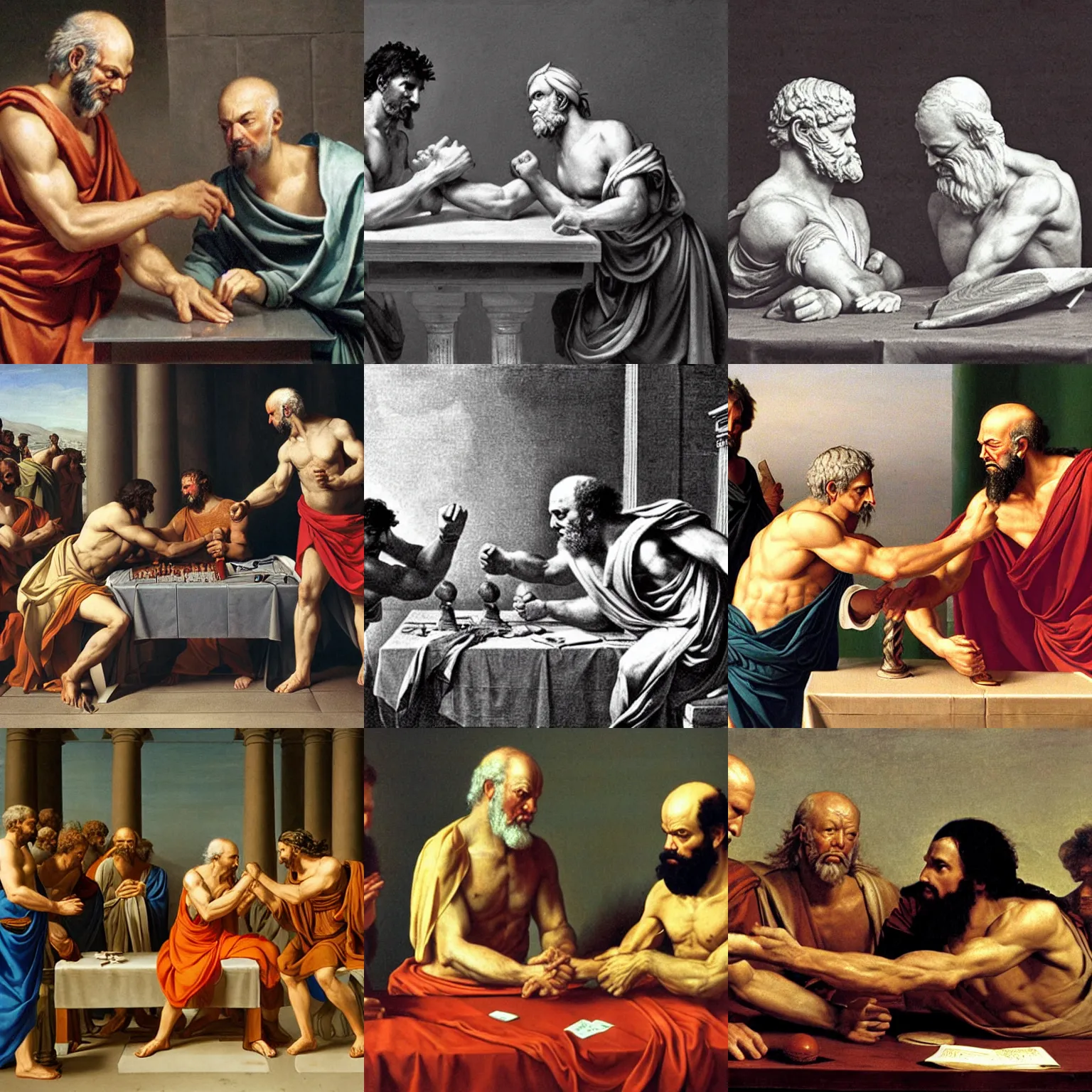 Prompt: Caesar arm wrestles with Socrates