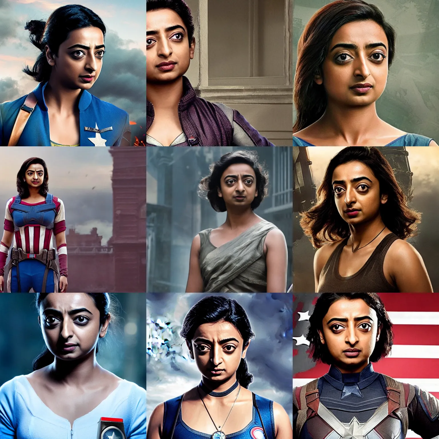 Prompt: Radhika Apte as Captain India, headshot, strong, film still from 'The First Avenger'