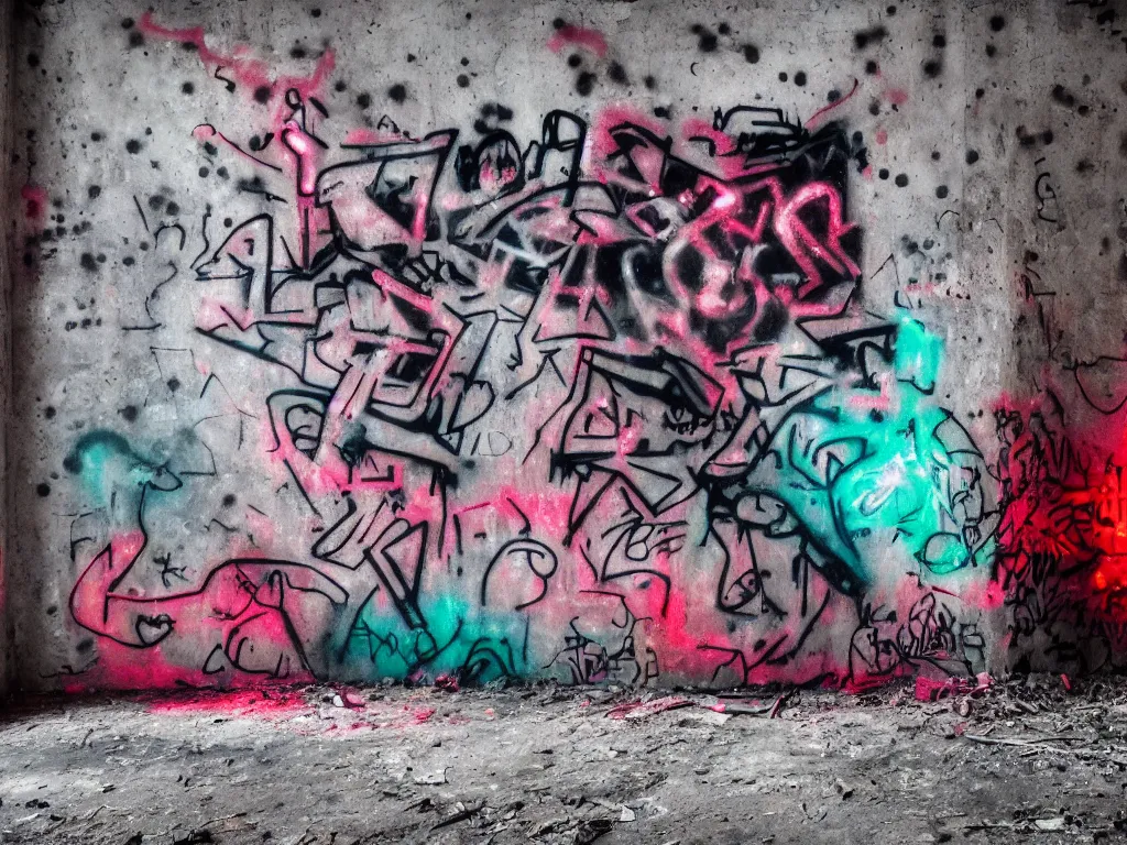 Image similar to graffiti in an abandoned bunker, cute fumo plush gothic black enigmatic maiden girl painted in spilt red ink and washed watercolor, glowing ancient glyphs and summoning circle, neon light, avant garde pop art, filmic, bokeh, captured on canon eos r 6