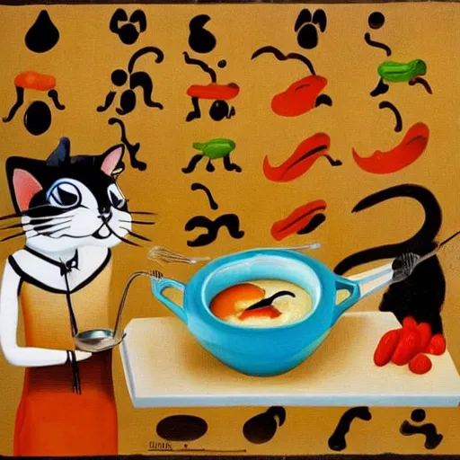 Image similar to anthropomorphic cat chef cooking a delicious colorful soup, by Salvador Dali