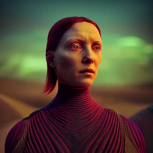 Image similar to colour aesthetic highly detailed photography of characters in action scene, characters with hyperrealistic highly detailed faces. from dune ( 2 0 2 1 ) by alejandro hodorovski and denis villeneuve and gregory crewdson style with many details by mike winkelmann and vincent di fate in sci - fi style. volumetric natural light hyperrealism photo on red dsmc 3 system