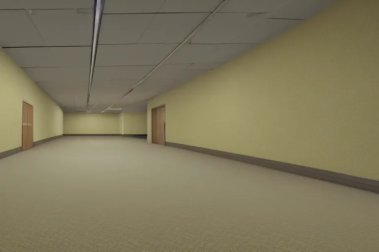 Image similar to 3 d render of jerma 9 8 5, jerma in endless halls of empty office space with worn light mono - yellow 7 0 s wallpaper, old moist carpet, and inconsistently - placed fluorescent lighting | liminal space | non - euclidean space | high octane | blender | 3 d render