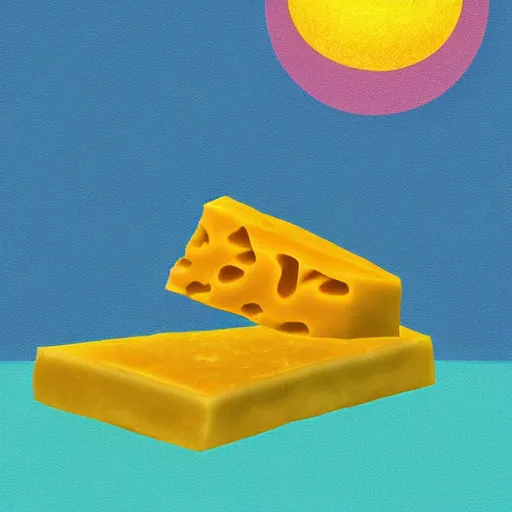 Image similar to rat made of slices of cheese with a sunset in the background, digital art