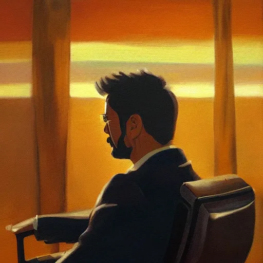 Image similar to oil painting of tony stark sitting in an armchair in a room with the setting sun, by jama jurabaev, brush hard, golden hour, brush stroke