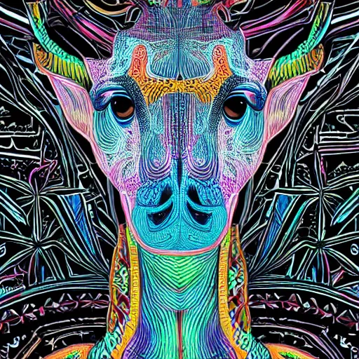 Image similar to a symmetrical neon portrait illustration of a giraffe trending on artstation 4 k intricate extremely detailed digital art by alex grey