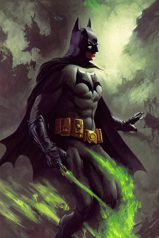 Image similar to angry batman, with dark ghost smokes around, green scary lights, dark fantasy color scheme, gaston bussiere, craig mullins, j. c. leyendecker, cinematic, mysterious, artgem, unreal engine