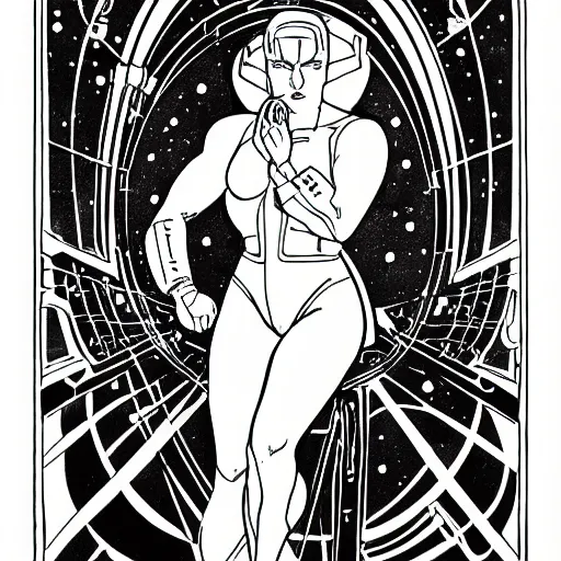 Image similar to clean simple line art with heavy black outlines of a woman floating in space wearing a space suit. no background. well composed, clean coloring book page, beautiful detailed face. coloring book line art by mike mignola and steve ditko and alphonse mucha