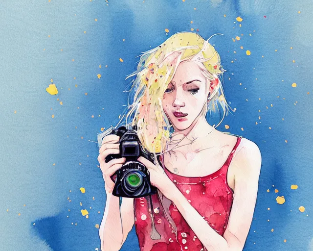 Image similar to pale young woman with bright blonde hair, freckles, bright eyes and a wide face, flowery dress, she is holding a professional dslr camera close to her face with her hands, expressive, emotional watercolor art by conrad roset