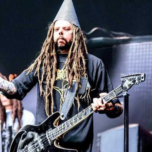 Prompt: korn plays in a concert wearing birthday hats