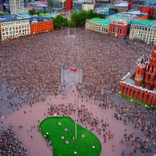 Prompt: drone photo of giant kiwi on red square, super wide shot, 1 2 mm, bokeh