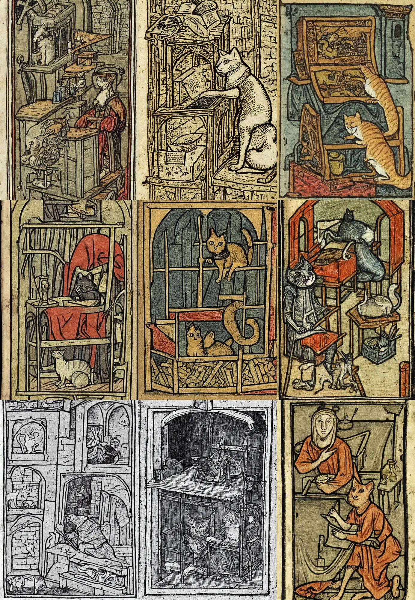 Prompt: [Clear medieval illustration of a cat watching youtube on a computer]
