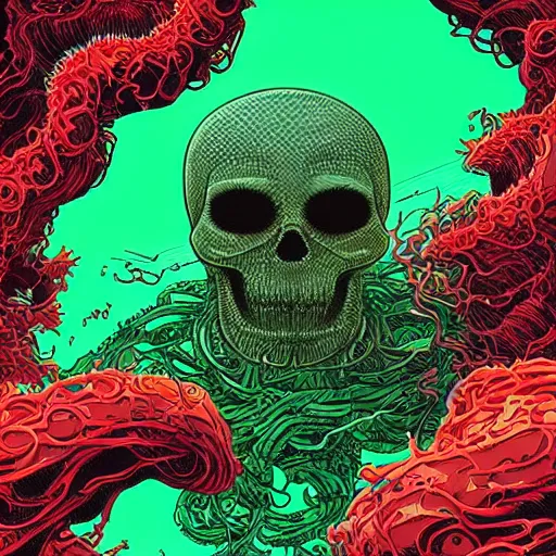 Prompt: a glowing red skull in a green sea enveloped by jellyfish tendrils and black seaweed by josan gonzalez and dan mumford, highly detailed, high contrast