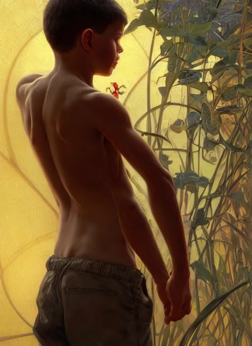 Image similar to perfectly - portrait of a boy from behind, intricate, highly detailed, digital painting, artstation, concept art, smooth, sharp focus, illustration, unreal engine 5, 8 k, art by artgerm and greg rutkowski and alphonse mucha