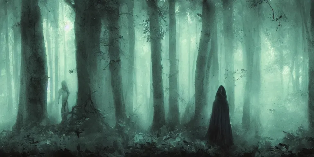 Prompt: a girl with a blue hood find a strange huge creature in the woods, ominous atmosphere, dark environment, one source of orange light. art by artem demura