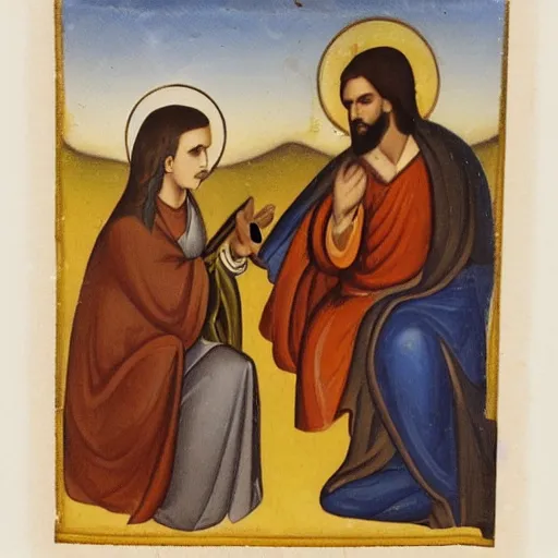 Prompt: Frieda Khalo and Jesus smoking a joint