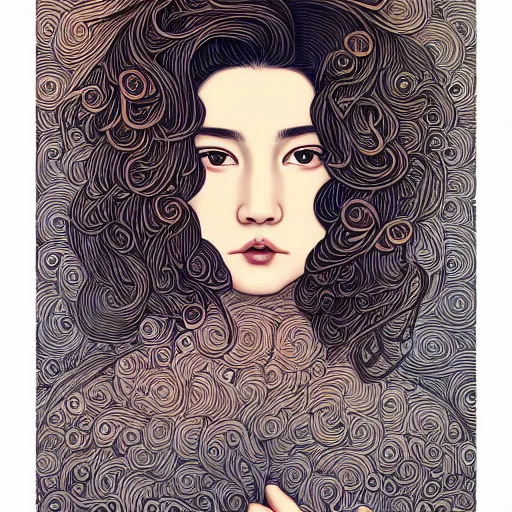 Image similar to a high resolution, 8k photographic portrait of a woman with a beautiful face and love heart swirling hair by Audrey kawasaki and James jean