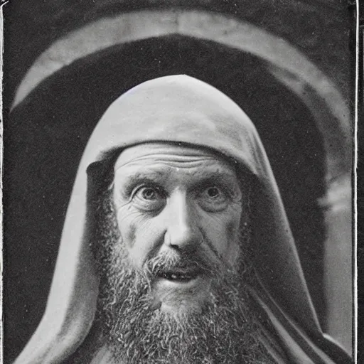 Image similar to medieval abbot, medieval monastery, hallowed halls, tintype photograph, 1100 AD photography, medieval Italy