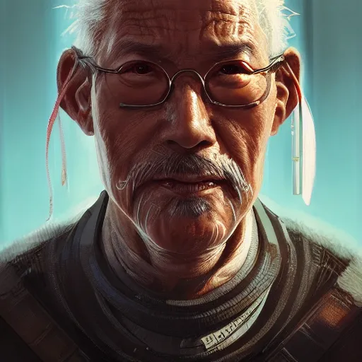 Image similar to a portrait of an ( elder cyberpunk samurai ), sharp focus, detailed, artstation, concept art, 3 d + digital art, wlop style