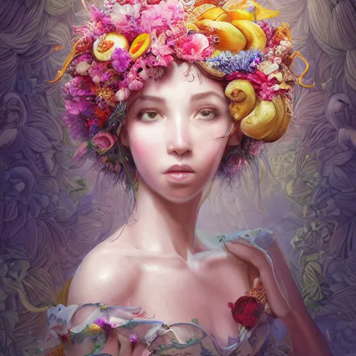 Image similar to the portrait of an absurdly beautiful, graceful, elegant, chaste, young woman made of petals and bananas looking up, an ultrafine detailed illustration by kim jung gi, irakli nadar, intricate linework, bright colors, octopath traveler, final fantasy, angular, unreal engine 5 highly rendered, global illumination, radiant light, detailed and intricate environment