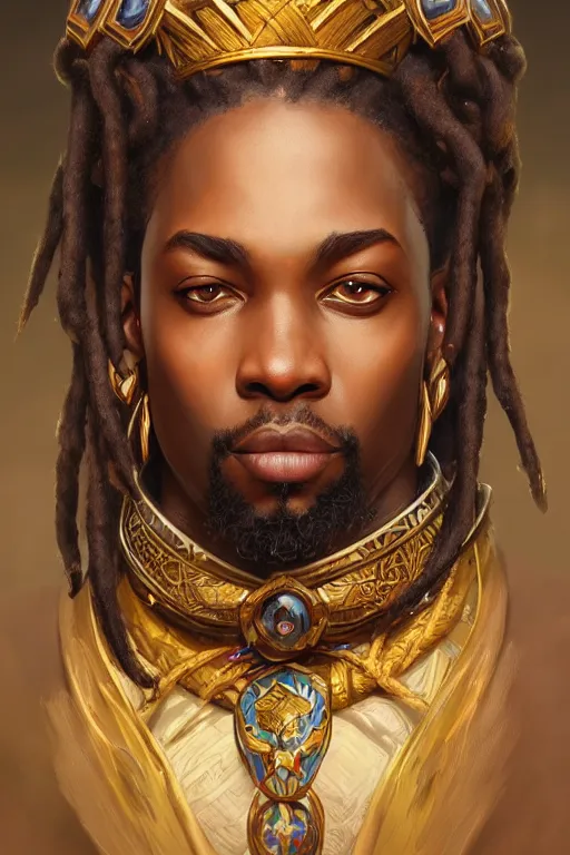 Image similar to photography of african king with dreadlocks, deep focus, d & d, fantasy, intricate, elegant, highly detailed, digital painting, artstation, concept art, matte, sharp focus, illustration, hearthstone, art by artgerm and greg rutkowski and alphonse mucha