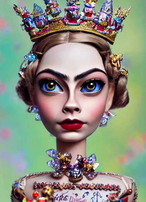 Image similar to closeup face profile portrait of a tin toy cara delevingne as a fairytale princess wearing a crown with tin bunnies, bikini, depth of field, zeiss lens, detailed, symmetrical, centered, fashion photoshoot, by nicoletta ceccoli, mark ryden, lostfish, breathtaking, 8 k resolution, extremely detailed, beautiful, establishing shot, artistic, hyperrealistic, octane render