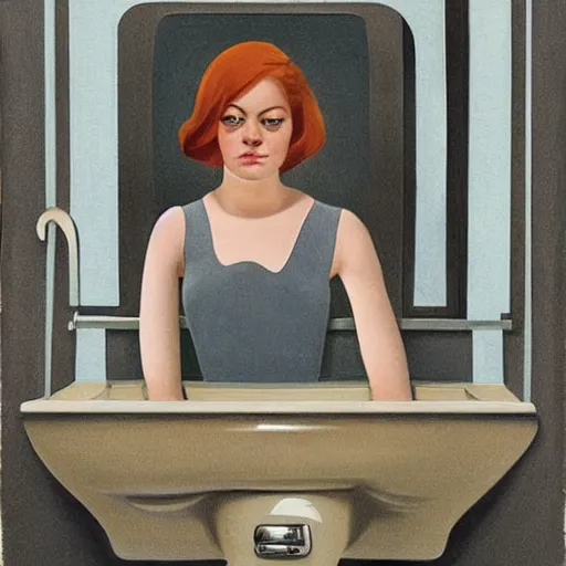 Prompt: emma stone in soviet public toilet, sharp focus, detailed, art by grant wood