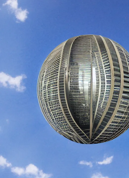 Prompt: sphere with a hundred eyes looking at different directions floating in the sky over a skyscraper