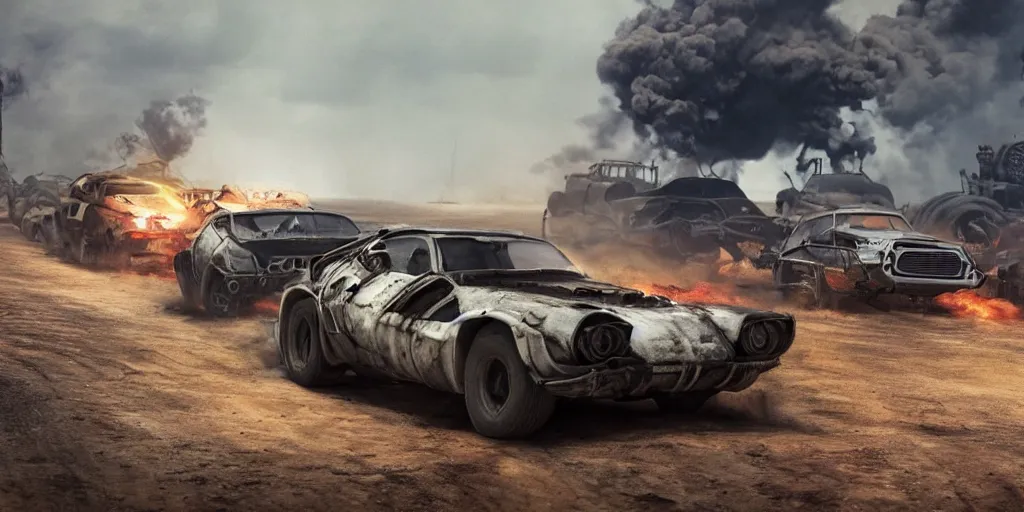 Prompt: mad max fury road film still with the car dolorean ( back to the futur ), racing on a post apocalyptic highway, gta 5, fallout 4, rocket league, hyper detailed, forza, smooth, high contrast, volumetric lighting, octane, george miller, jim lee, vibrant rich deep color, comic book, ridley scott