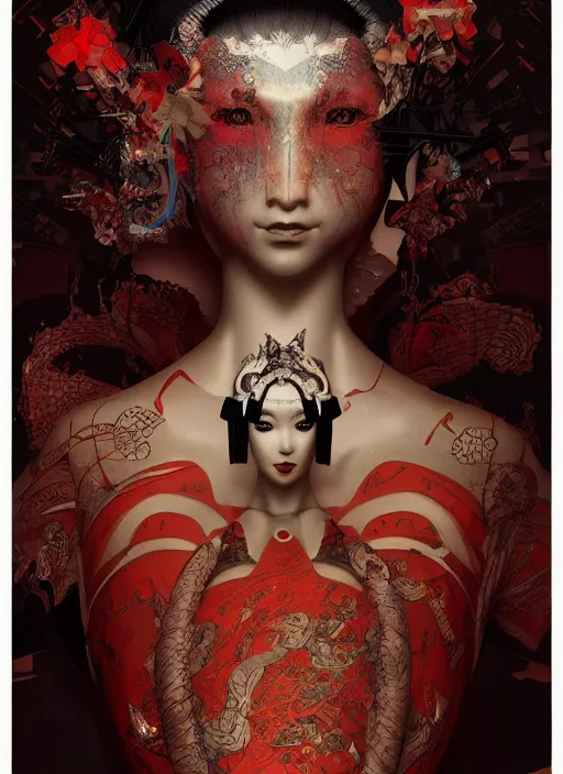 Image similar to portrait of a seductive cyberpunk geisha yakuza, imari, modern fine art, fractal, in the style of bladerunner, intricate ornaments, elegant, highly detailed, digital photography, subsurface scattering, by mc escher and greg rutkowski,