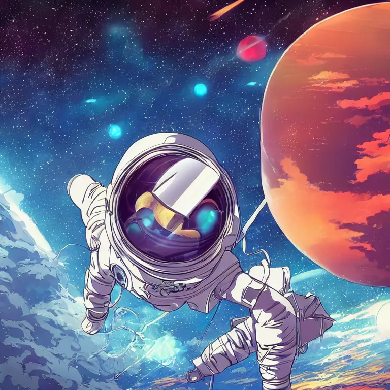 Prompt: a highly detailed 80's anime illustration of an astronaut looking out at an alien planet, epic scale, dramatic composition, rule of thirds, deep colors, intricate, volumetric lighting, shading, high quality, masterpiece, retro style, sharp focus, no blur, no dof