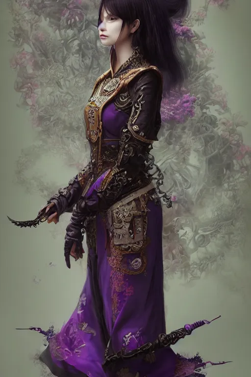 Image similar to photorealistic soft paint of absurdities and curiosities, single very beautiful asian princess full long dress, ultra deep fog, purple black lustrous thin haircut, partial symmetry accurate features, focus, very intricate ultrafine details, award winning masterpiece, steampunk world, ross tran