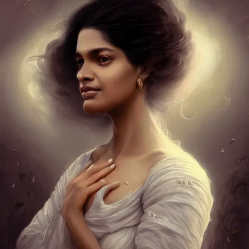 Image similar to portrait of a srilankan woman, white horse, roses, dreamy, fantasy, pain, intricate, elegant, highly detailed, digital painting, artstation, concept art, matte, sharp focus, illustration, octane render, unreal engine, art by aenaluck and roberto ferri and greg rutkowski, epic fantasy, digital painting